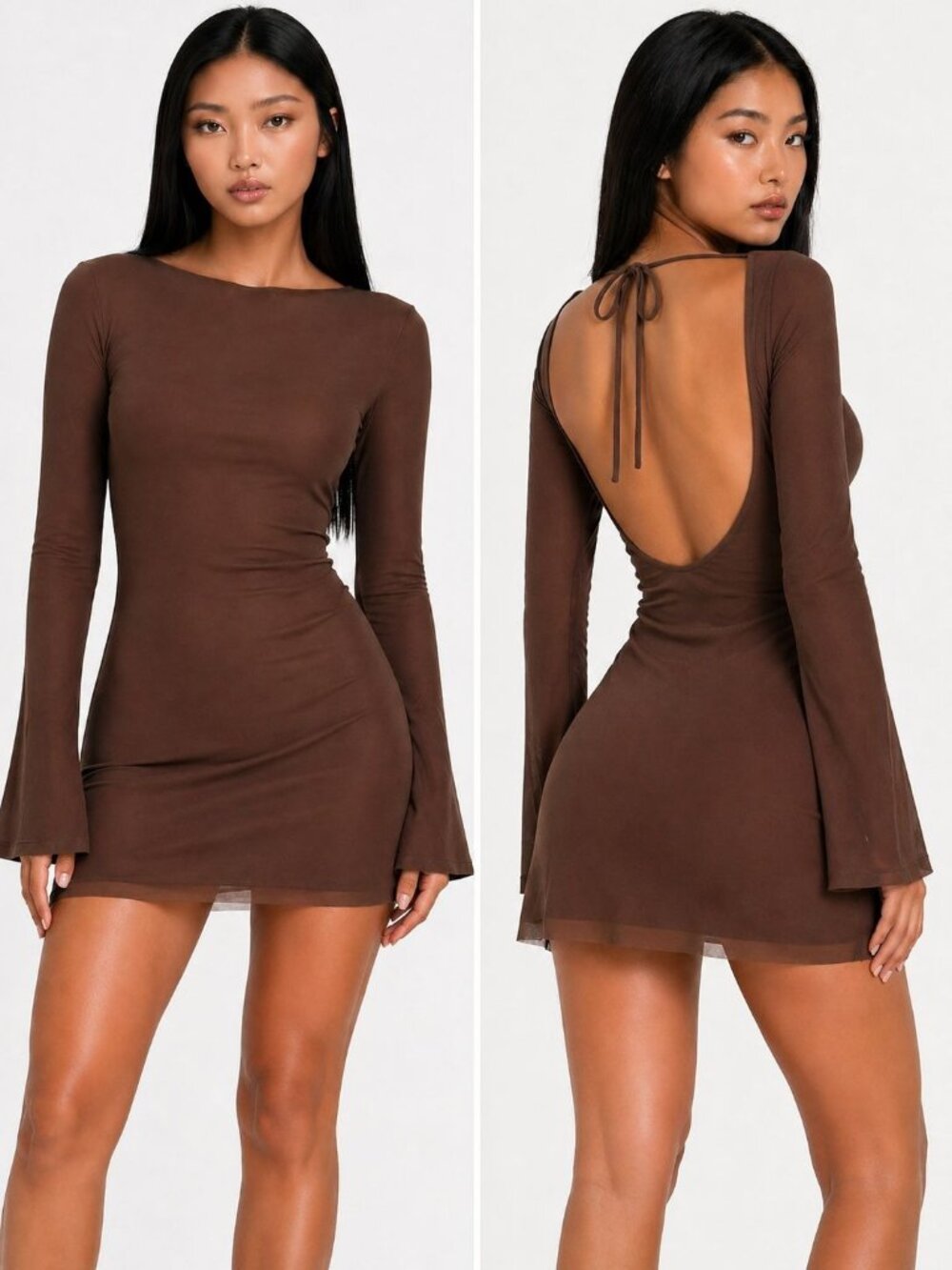Princess Polly Lukea Brown Mesh Mini Dress Long Sleeve Tie Back Size 2 - Picture 1 of 5